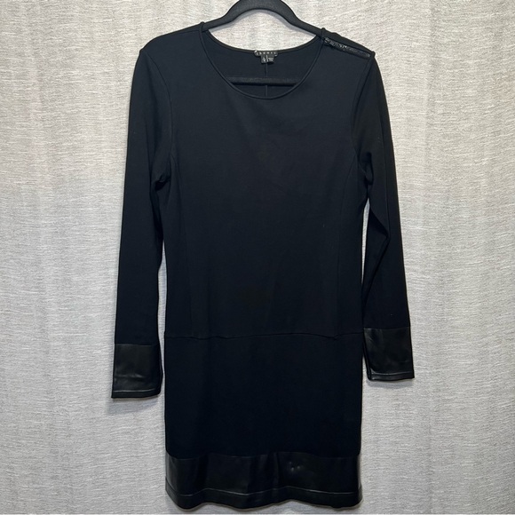 Theory Black Long-Sleeve Dress with Faux-Leather Sleeve & Hem Size Large